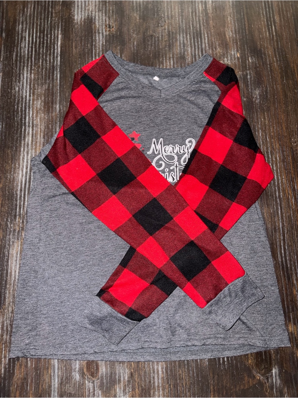 Women’s Gray Raglan Long Sleeve Tee with Red Plaid Sleeves - Merry Christmas - Picture 2 of 8